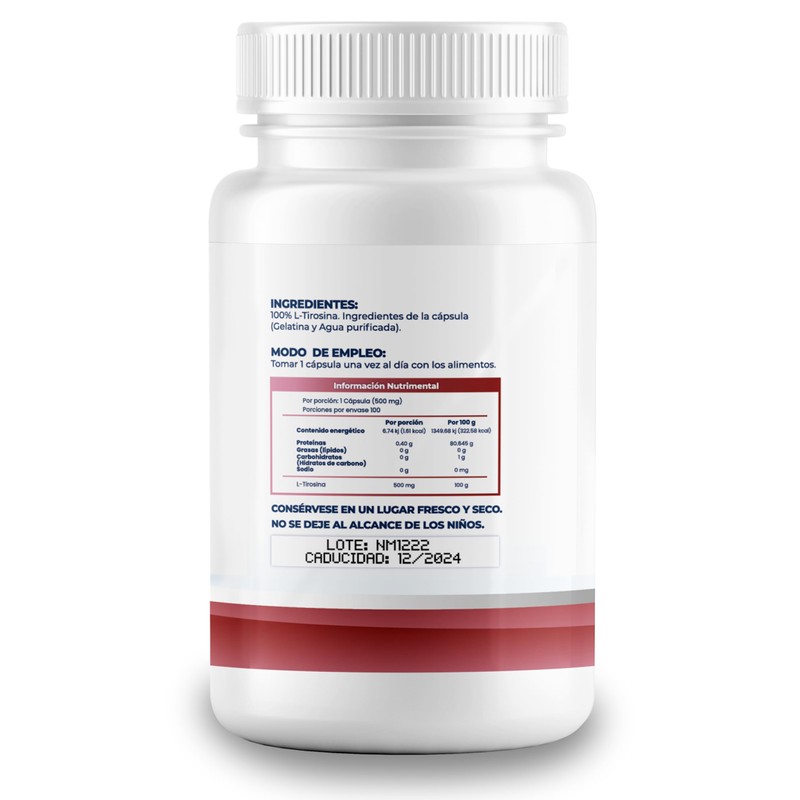 L - Tirosina 500mg por Cápsula - 100 Cápsulas, Pure,