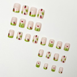 Green French Tip Press on Nails Short Square Fake Nails Cute Spring Summer False Nails with Frog Strawberry Floret Design Glossy Nude Acrylic False Nails Green Nail Tips Glue on Nails for Women