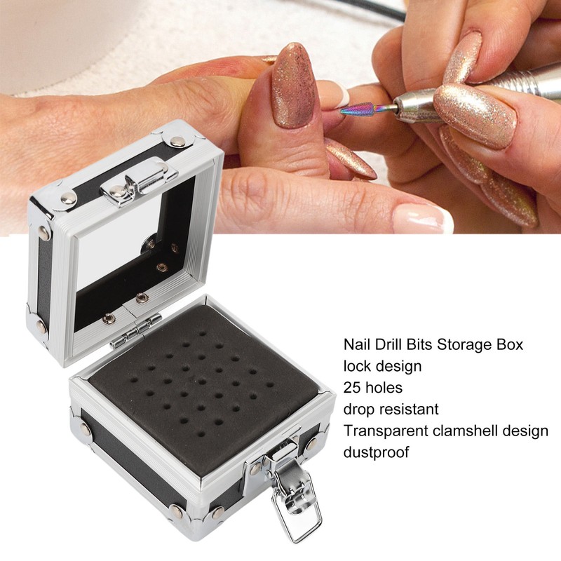 Nail Drill Bits Storage Box 25 Holes Transparent Clamshell Lock