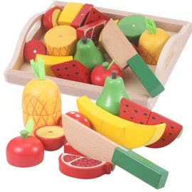 Zourglow Children's Kitchen Accessories Wood, Montessori Toy from 3+ Years, Kitchen Toy Cutting Fruit Food Wood for Girls Boys Role Play Educational Toy for Children