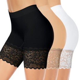 ZENUTA 3 Pack Lace Slip Shorts for Women Under Dresses, Seamless Anti Chafing Shorts Summer Under Dress Shorts Women (3pcs Black White Nude, L)