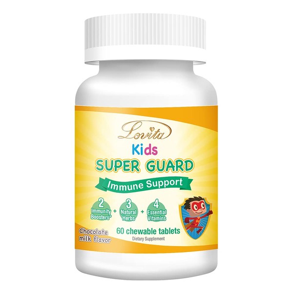 Lovita Kids Immune Support with Vitamin C, Vitamin E, A, and Zinc, Plus Elderberry Extract, Acerola, Rose Hips, Colostrum with Lactoferrin for Kids Growth Support, 60 Chewable Tablets