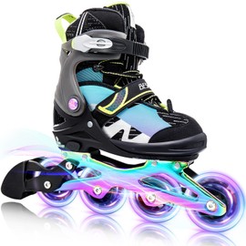 Besketo Light up Inline Skates for Kids, 5 Size Adjustable Length and Width Roller Shoes with Full Illuminating Wheels for Girls and Boys, Blades Roller Skates for Beginner Men and Adults - M J12-3 US