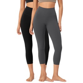 ODODOS ODCLOUD 2-Pack Buttery Soft Lounge Yoga Capris for Women 23" High Waist Non See Through Cropped Leggings, Black+Charcoal, Medium
