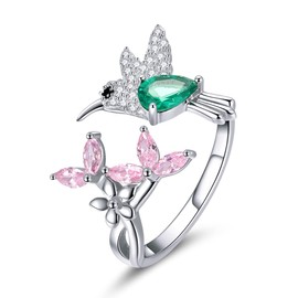 ShiYu Women's Ring Sterling Silver Hummingbird Flower Adjustable Ring Cubic Zirconia Pink Green Gift For Girlfriend Mum