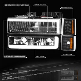 DNA MOTORING C Style LED DRL Headlight+Bumper Signal+Corner Lamps Set Compatible with 92-99 Chevy GMC C/K 1500 2500 Suburban Yukon,Black/Amber, HL-LB2-8P-C10-3G-BK-AM