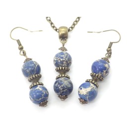 Set of Earrings and Necklace in Bronze with Pendant of Blue Imperial Jasper Beads and Tibetan Beads