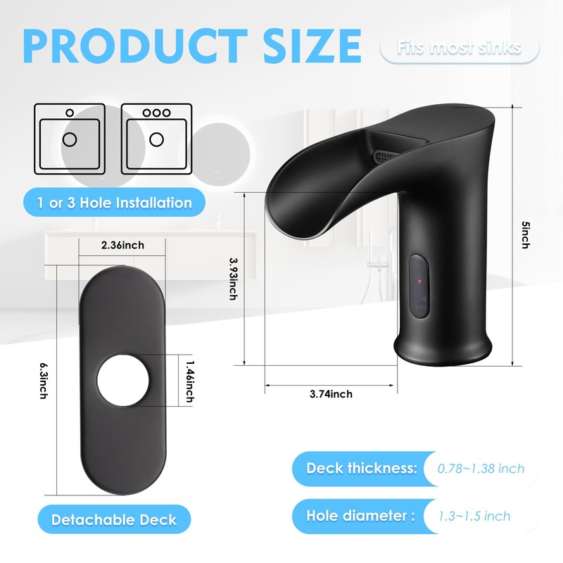 CDLODIN Automatic Sensor Touchless Waterfall Bathroom Sink Faucet, Modern Electronic