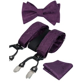 Alizeal Men's Adjustable Floral Paisley Self Tied Bow Tie, Pocket Square and Elastic Y Shape 6 Clips Suspenders Set, 076-plum purple