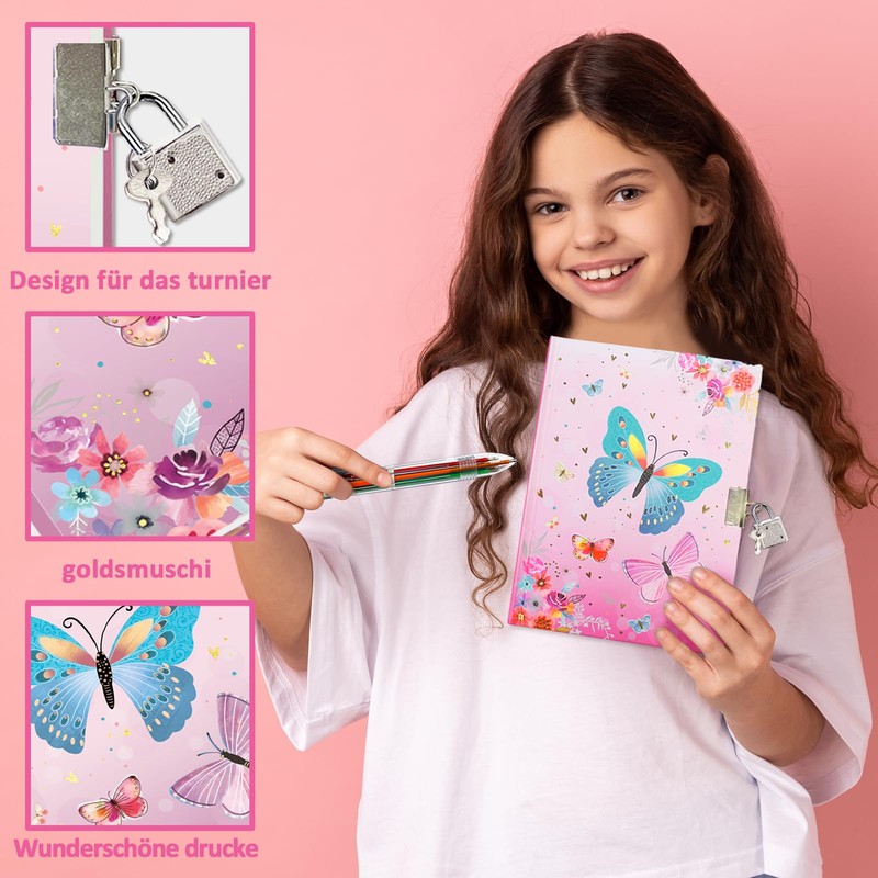 Girls' Diary with Lock, Diary Children's Butterfly Hardcover Journal GINMLYDA