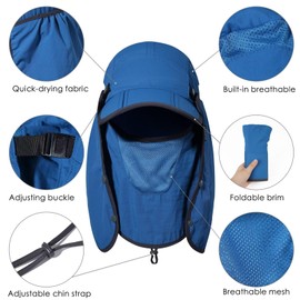 GADIEMKENSD Foldable Fishing Sun Hat with Neck Flap Face Cover UPF 50+ Sun Protection Quick Dry Baseball Cap Adjustment Covering Removable Legion Hat for Fishing Gardening Hiking Farming Blue