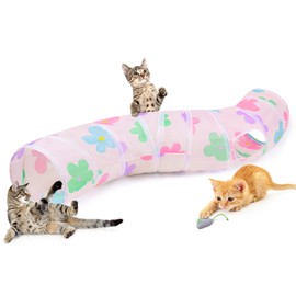 Hedgeink Cat Tunnel S-Shape Peekaboo Cat Cave with Toys Tunnels for Indoor Cats Foldable Rabbit Play Tubes for Guinea Pig, Ferret, Hamster Puppy, Bunny, Kitten, Apricot flowers
