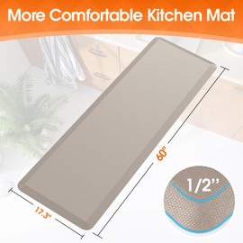 TranquilRelax Kitchen Mat, Cushioned Thick Floor Comfort Mat, with Non-Slip Bottom, Waterproof & Stain Resistant & Easy Clean, Standing Desk Mat for Kitchen, Sink, Office (17.3''x60'', Khaki)