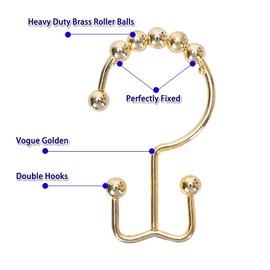 12PCS Shower Curtain Hooks Rings for Bathroom, Stainless Steel Metal Rust Resistant Balance Sliding Double Hooks Shower Curtain Rings for Shower Curtains, Clothing, Towels, etc. (Golden)