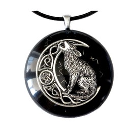 Orgone pendant necklace silver Howling Wolf, Black Tourmaline and Shungite. 1.6 inch diameter. Made in USA