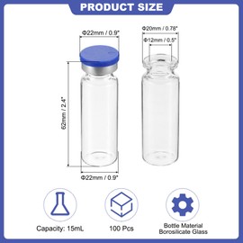 PATIKIL 15ml Sample Vials, 100 Pack Lab Empty Vials with Butyl Rubber Stopper Crimp Top Caps and Labels Borosilicate Glass Vial, Clear