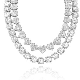 Umimiss Clustered Diamond Tennis Chain Heart Necklace Set - Diamond Necklace for Women,Diamante Necklace,Silver Diamond Necklace,Hip Hop Jewelry,Heart Choker,Bling Necklaces,Cuban Link for Women Girls