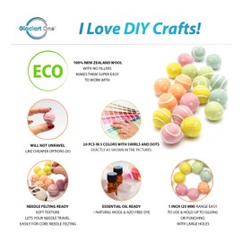 Glaciart One Felt Wool Balls, Felt Pom Poms with Swirls & Dots (20 Pieces) 2.5 Centimeters - 1 Inch, Handmade Felted Pastel Colors - Bulk Small Puff for Felting and Garland