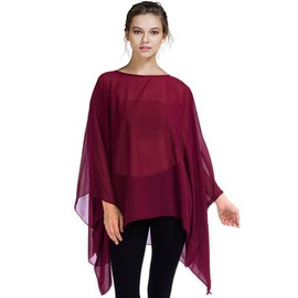 Max Hsuan Womens Summer Solid Sheer Batwing Blouse Chiffon Caftan Poncho Tunic Top Plus Size Cover up Burgundy