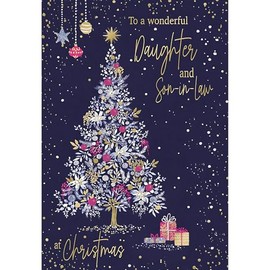 ICG Daughter and Son in Law Christmas Card, Single - Christmas Cards with a Decorative Floral Tree Design and Special Finishes - Eco-Friendly Xmas Cards with Envelope