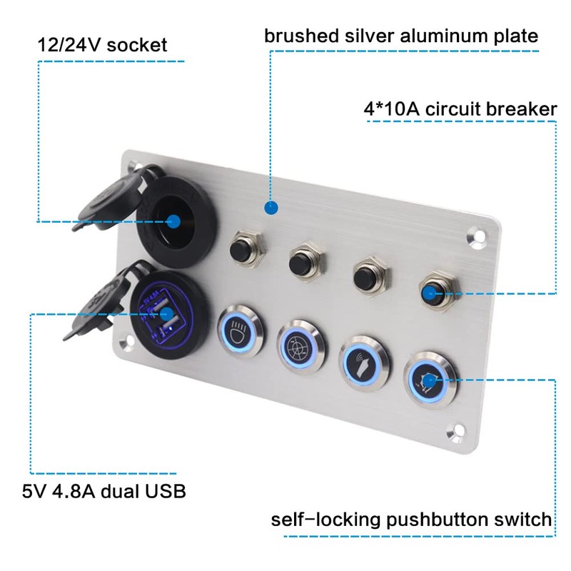 IZTOSS 4 Gang Aluminum Push Button Switch Panel with 5V/4.8