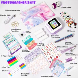 Photomaker Kit Kids 1080P Instant Print Camera for Kid 93 Pcs DIY Journal Kit for Girls Kids Camera Instant Print with 3 Roller Photo Paper Ideas Birthday Gifts and Toys for Girls Boys Age 6-14 Purple