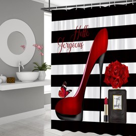 QWRSMYX Black White Geometric Shower Curtain Red High Heel Perfume Bottle Lipstick Romantic Love Fashion Modern Woman Girls Decor Polyester Fabric Bathroom Set with Hooks 70Wx70H Inch