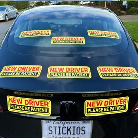 Stickios New Driver Stickers (Non-Magnetic) for Cars & Windows - Reusable, Removable, Paint-Safe Vinyl Decals - Made in USA (10.5x4 inches, 8-Pack)