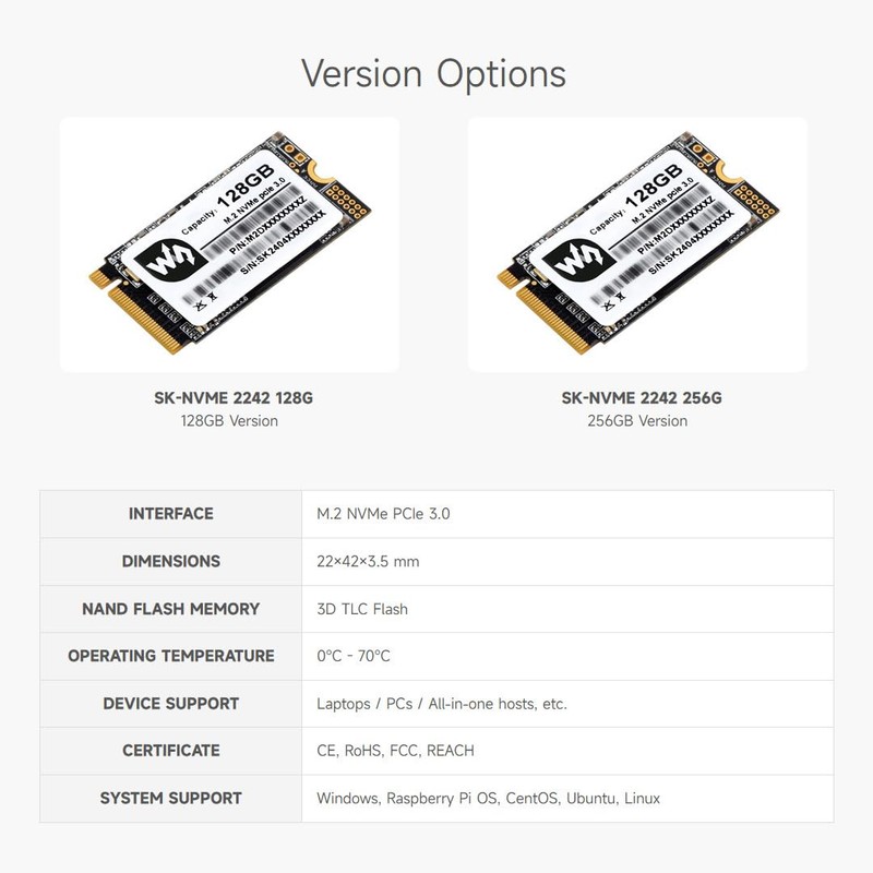 Waveshare SK M2 NVME 2242 256GB Solid State Drive, 3D