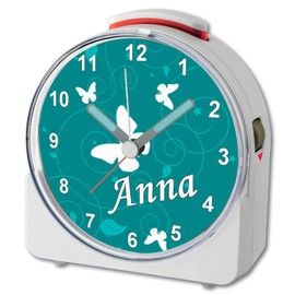 CreaDesign, WU-71-1032-10 Analogue Children's Alarm Clock with Sweep Movement and Fluorescent Hands and Light, White with Name, 10.2 x 4.6 x 11 cm