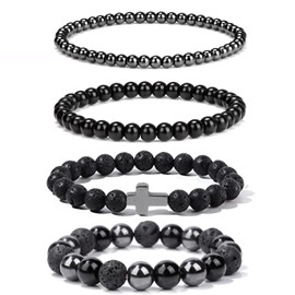 Crgwxzl 4PCS Cross Bead Bracelet for Men,4mm 6mm 8mm Black Obsidian, Lava Rock, Hematite Healing Crystal Beaded Bracelets,Natural Protection Stone Bracelets Jewelry Gifts for Men Women