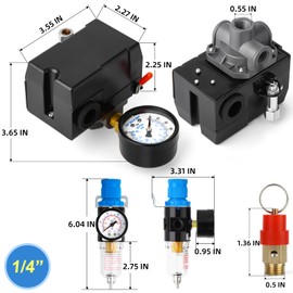 MEANLIN MEASURE Air Compressor Pressure Switch Control Valve 95-125 PSI 110V-240V 4-way Replacement Parts With AFR2000 Air Line Filter and Safety Pressure Relief Valve