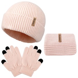 Hicdaw 3PCS Kids Winter Hat Glove Scarf Sets, Toddler Gloves Neck Warmer Baby Winter Hat Toddler Gloves Scarf Set for Boys Girls, Light Pink