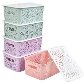 BUYGOO 5Pcs Plastic Storage Baskets with Lids Muti-colour Plastic Organizer Baskets with Handle Small Plastic Rattan Baskets for Shelve, Kitchen, Cupboards, Fridge