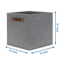 Temary 12x12 Storage Cube Bins 4 Pack Fabric Storage Cubes Storage Bins with Leather Handles, Storage Baskets Foldable Cube Organizers Bins for Home (Grey)