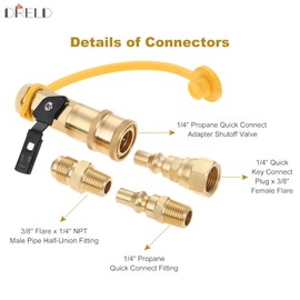 DRELD 1/4" RV Propane Quick Connect Fitting Adapter Valve Shutoff Valve and Full Flow Plug Kit, with 3/8" Male Flare Fitting to Quick Connection for RV, Trailer, BBQ Hose Pipe Lines