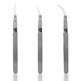 Kigauru 3Pcs Precision Ceramic Reverse Tweezers High Stiffness Stainless Steel Straight Curved Tip Tweezers Heat Resistant Anti-Static Anti-Magnetic Cross Lock Soldering Tool Kits