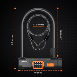 Luxuriaz Heavy Duty Bike Lock with 5ft Steel Cable, 4-Digit Resettable Combination U-Lock, Durable Cable Lock for Secure U Lock Bike Protection