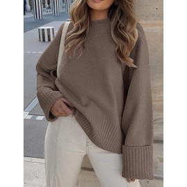 Jhsnjnr Womens Sweaters Casual Oversized Long Sleeve Ribbed Pullover Tops Cute Warm Fuzzy Crew Neck Knit Sweater Light Brown