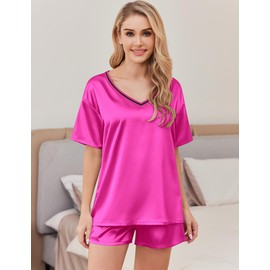 Ekouaer Satin Pajama Set for Women 2 piece Silky Pj Set Soft Short Sleeve Sleepwear Summer Loungewear,Rose Red,S