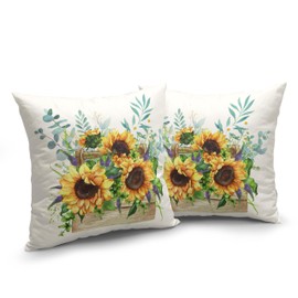 Kwlegh Sunflower Pillow Covers Spring Summer Floral Throw Pillow Covers Set of 2 Sunflowers with Eucalyptus Leaves Farmhouse Pillow Case 18x18 for Sofa Car Patio, Cotton Linen
