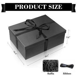 Linelglobal Large Gift Box with Lid for Present with Ribbon Filler Paper for Birthday Anniversary Father Day Foldable 16.5x12.5x5.9 - Black