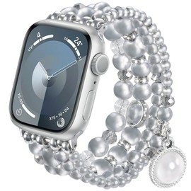 CAGOS Pearl Bracelet Compatible with Apple Wath Bands 42mm 44mm 45mm Women, Natural Pearl Beaded Charms Pretty Straps Dressy Designer Jewelry Stretchy iWatch Bands for Series 9/8/7/6/5/4/3/2/1/SE,