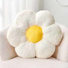 Kcvvcr White Flower Pillow, Cute Decorative Flower Shaped Throw Pillow with Faux Rabbit Fur, 14.9" Soft Flower Plush Throw Pillow Floor Pillows Room Décor for Bedroom Living Room