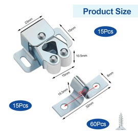 Pack of 15 Furniture Catches, Double Roller Catch Cupboard Lock with Screws, Wardrobe Door Ball Roller Catch, Snap Lock Furniture, Door Catch for Cupboard Doors