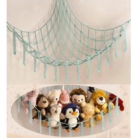 Stuffed Animal Hammock-Large Stuffed Animal Net For Toys Corner-Hanging Stuff Animal Toy Storage Organizer For Plush Plushie Display Light Blue Girl Room Bedroom Boho Nursery Decor Toy Storage