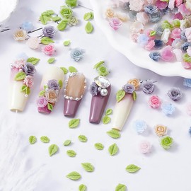 UUYYEO 100 Pcs 3D Colorful Flower Nail Charms Camellias Rose Nail Art Charms Nail Pearls Gems Cute Nail Flowers Leaves Floral Acrylic Nail Decorations Manicure Jewel Accessories