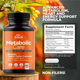 HerbaMe Berberine Supplement with Ceylon Cinnamon, Chromium, Alpha Lipoic Acid, Metabolic Care Supports Metabolism & Cardiovascular Health and Immune System, Helps Maintain Steady Energy Levels
