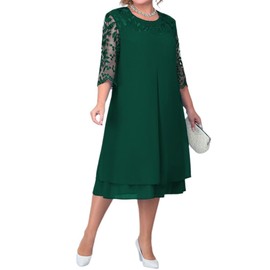 Odizli Dresses Large Sizes Women's Elegant Summer Flower Embroidery 3/4 Sleeve Chiffon Dress Wedding Festive Cocktail Dress, Green