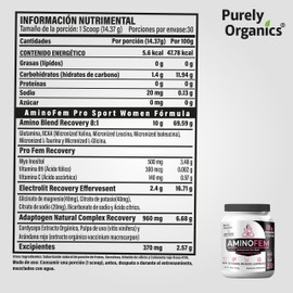 Amino Fem. Con Inositol, Vitamina B9, Pulpa de Uva, Antioxidantes de Arándano, Energía de Cafeína. Bote con 30 servicios. Purely Organics. Sabor ponche de frutas, efervescente.